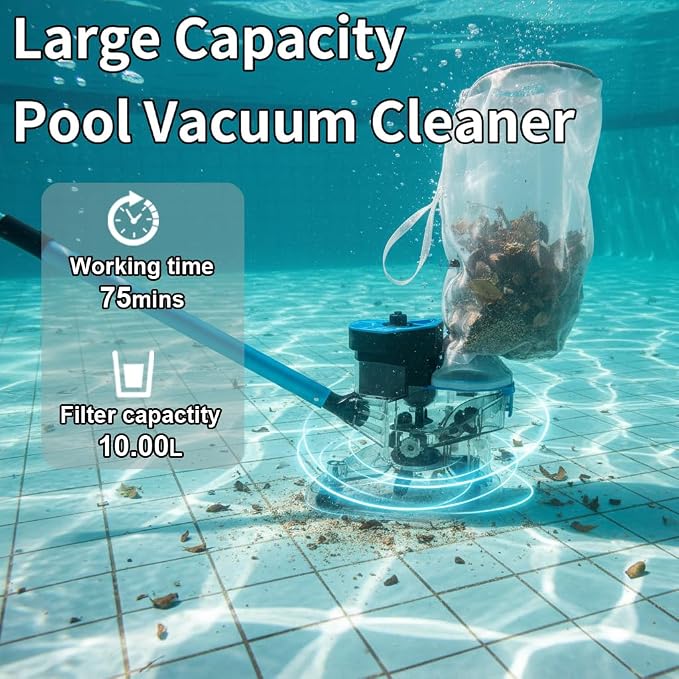 Cordless Pool Vacuum Cleaner, 24 GPM Powerful Suction Handheld Pool Cleaner with 75-Min Runtime, 20L Total Capacity (Two 10L Filter Bags) for Inground & Above Ground Pools, Hot Tubs