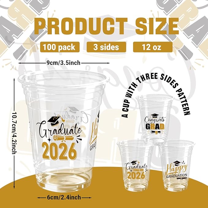 100 Pack Graduation Plastic Cups 12 oz Gold Disposable Class of 2026 Decorations Graduation Party Favor Drinking Beverage Cup for Party Supplies Decorations