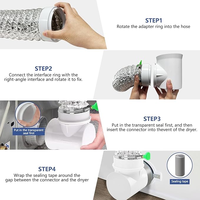 Dryer Vent Hose For Tight Space | Flexible Dryer Vent Connector Kit with 4 Inch 9.8 Feet Hose | Includes 2 90-degree Dryer Vent Elbow & Dryer Vent Duct | Easy Installation Space Saving (Silvery)