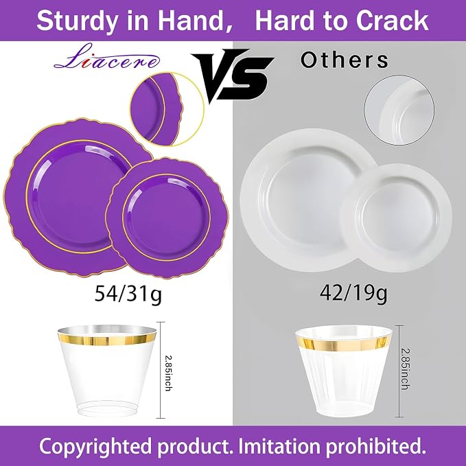 Liacere 350PCS Purple Plastic Plates-Disposable Purple and Gold Plates 50 guest Baroque Plastic Dinnerware include 100Plates,50Pack Pre Rolled Napkins with Silverware 50Cups for Wedding & Party