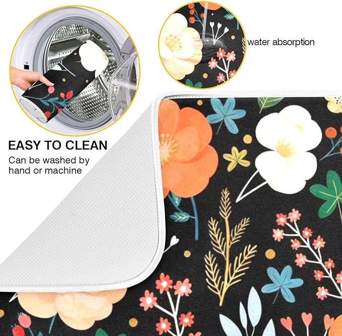 Large Drying Matt for Kitchen Counter Colorful Flowers Microfiber Dish Drying Pad for Dishes Sink Countertop 18'' x 24''