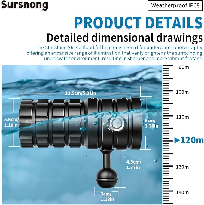 Starshine SR 10000 Lumens Dive Light - Professional Underwater Video Light with 95 CRI, 6500K White Light, USB-C Rechargeable, for Diving/Underwater Photography (IP68 Waterproof, 120m Depth)