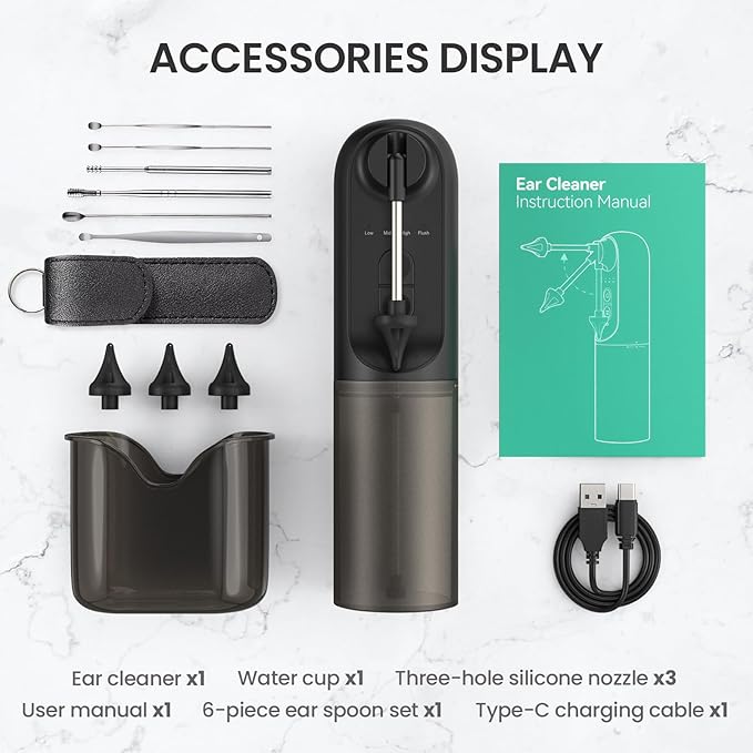 Ear Wax Removal Kit, Ear Cleaner Earwax Removal, Ear Wax Removal Tool, Superior IPX5 Waterproof, 4 Safe and Sufficient Power Pressure Settings, 6 Pcs Ear Pick (Grey)