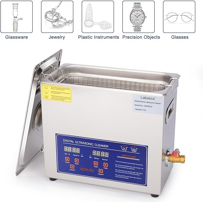 Labasics Ultrasonic Cleaner, Professional All-Purpose Stainless Steel Ultrasonic Washing Device with Digital Display Timer and Heat Control for Laboratory 110V, 6.5L