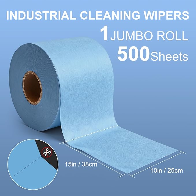 Multi-purpose Industrial Cleanroom Wipes (15"x10", 500 PCS), Lint-Free and Extra Absorbent Heavy Duty Cloths Jumbo Roll, Blue