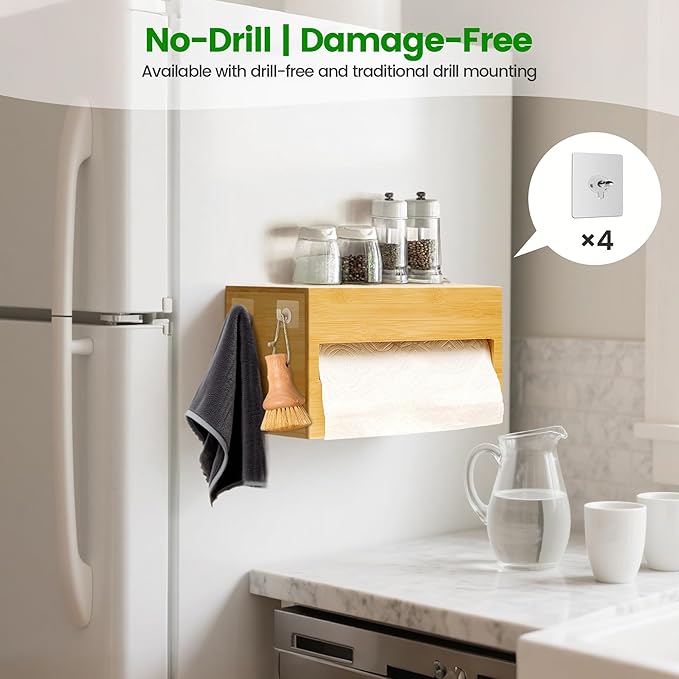 Bamboo Paper Towel Holder with Hooks – One-Hand Tear, Dustproof, No-Drill Adhesive & Wall Mount, Under Cabinet/Countertop Dispenser for Kitchen, Garage & Workshop | Fits Jumbo Roll