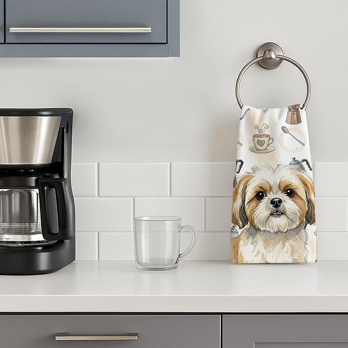 Caroline's Treasures Gold and White Shih Tzu Coffee Bar Kitchen Towel Velour Plush Front and Cotton Loop Back Machine Washable