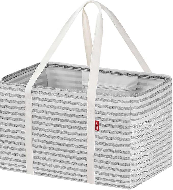 LHZK Standing Utility Tote Bag with Metal Wire Frame and the Sides Rinforced, Large Tote Bag with Handle, Reusable Grocery Bags Foldable, Beach Bag, Car Tote (Gray, 18.5''x11.8''x11.5'') | Metal Wire Frame