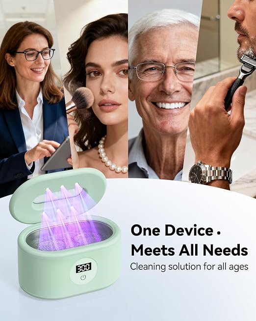 BYASKZIV Ultrasonic Cleaner, 48KHz Ultrasonic Jewelry Cleaner with 20oz 304 Stainless Steel Tank, Dual Modes & LED Display - for Jewelry, Eyeglasses, Watches, Dentures, Retainers & More-Green
