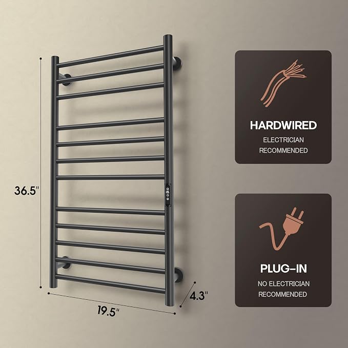 Poloma Towel Warmer Rack for Bathrooms, Heated Towel Rack Wall Mounted, Towel Heater, Towel Dryer, Stainless Steel, 12Bars, Black.