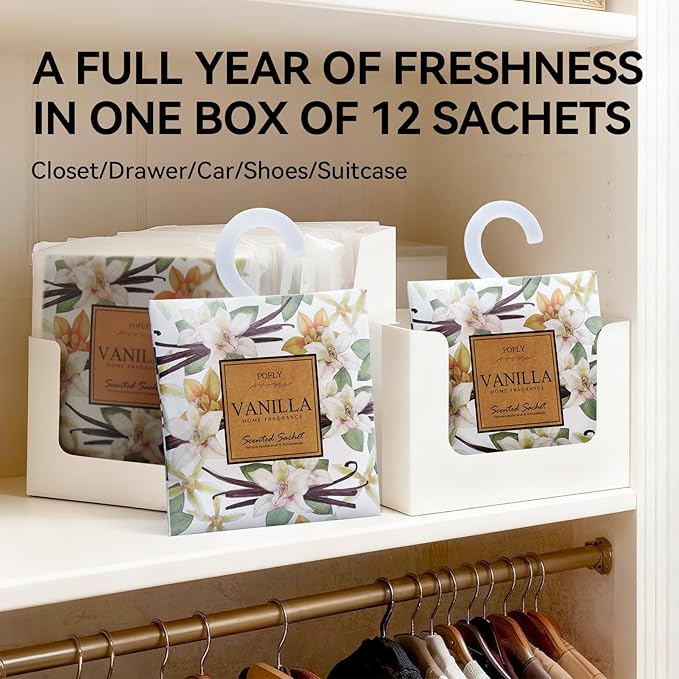 12 Pack Vanilla Scented Sachets, Long-Lasting Fresh Scent, Air Freshener for Closet & Drawers, Hanging Deodorizer for Home