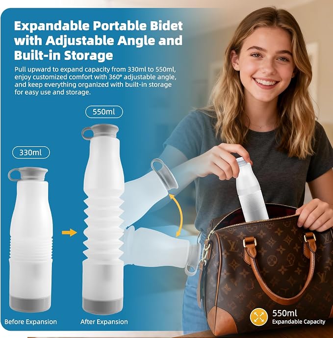 Hibbent Portable Bidet for Travel, High Pressure Electric Handheld Bidet Sprayer, 350-550ML Expandable Bottle for Personal Hygiene, USB-C Rechargeable Waterproof, Travel Sprayer for Women & Men, Black
