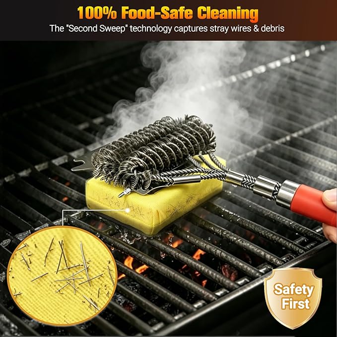 Professional 3-in-1 Grill Brush and Scraper with Safety Second Sweep Sponges - 18" Detachable Long Handle BBQ Cleaner for Heavy Duty Grime - Ideal Father's Day Grilling Gift for Men (Orange)