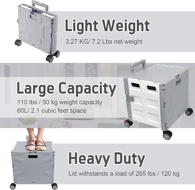 FELICON Folding Utility Cart Portable Rolling Crate Handcart with Durable Heavy Duty Plastic Telescoping Handle Collapsible Hidden Lid 4Rotate Wheels for Travel Shop Move Office Teacher(Gray&White)
