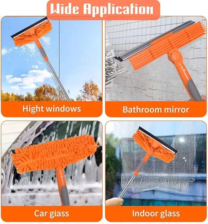 Window Squeegee Cleaner Kit - 2-in-1 Rotatable Window Cleaning Tool with Extension Pole, Professional Streak-Free Squeegee with Bendable Head for Indoor/Outdoor Windows & Car Glass (Orange, 38.45FT)