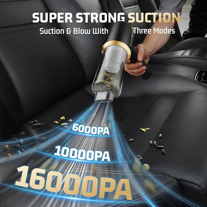 Cordless Car Vacuum Cleaner: Handheld Vacuum with 𝟏𝟔𝟎𝟎𝟎𝐏𝐚 Strong Suction, 𝐁𝐫𝐮𝐬𝐡𝐥𝐞𝐬𝐬 𝐌𝐨𝐭𝐨𝐫 & HEPA Filter, 𝟕-𝐢𝐧-𝟏 Cleaning Kit, Type-C Charging for Home Office Car - Black