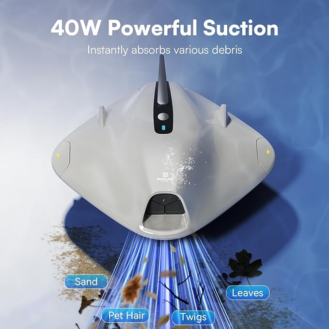 PoolMr Cordless Robotic Pool Cleaner - Above Ground Pool Vacuum Robot - 40W Strong Suction, Dual Cleaning System, Barrier Crossing, 120-Min Runtime Up to 1614 Sq for Above Ground Pools,White