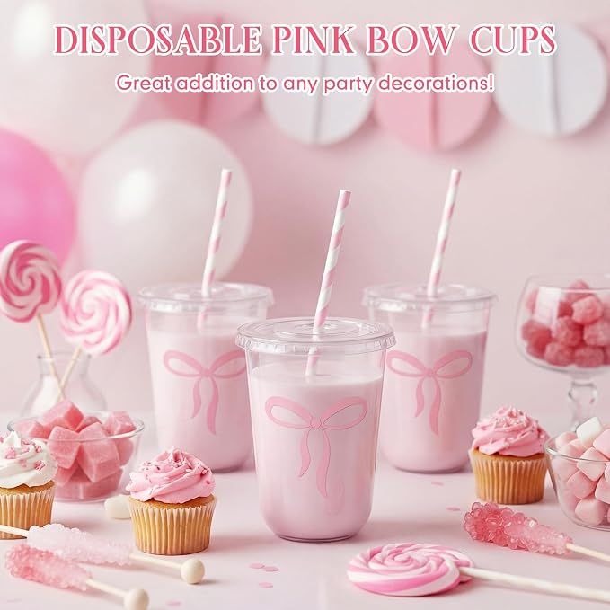 LemonRoad 50sets 16 oz Cute Pink Bow Cups Pink Birthday Party Decorations Supplies Cute Plastic Cups Disposable with Lids and Straws for Valentines Galentines Day Christmas Wedding Baby Shower