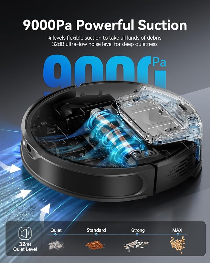 Robot Vacuum and Mop Combo, LiDAR Navigation, 9000Pa Suction Robotic Vacuum Cleaner – Ultra Slim Design, 200 Min Runtime, Auto Recharge, Customizable Cleaning for Pet Hair, Hard Floors