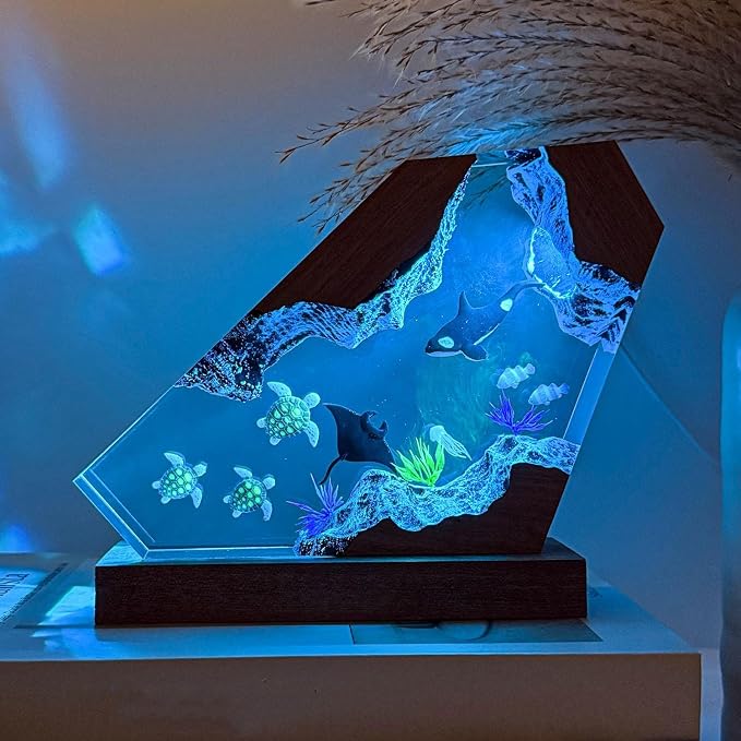Orca Ocean Resin Lamp, Handmade Wooden Table Resin Night Light, USB Port Art Ornaments for Home Office Decor, Scuba Diver Gifts for Holiday, Unique Birthday Gifts for Mom Grandma Brother Sister