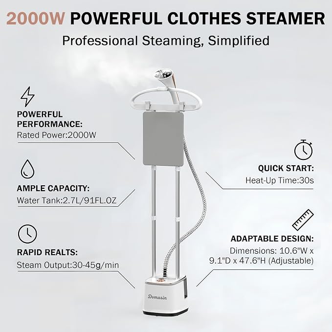 Standing Garment Steamer 2000W Professional Steamer for Clothes with Ironing Board, 10 Steam Levels, 30s Fast Heat-up, 2.7L/91FL.OZ Water Tank, Wrinkle Removal for Home & Commercial Use