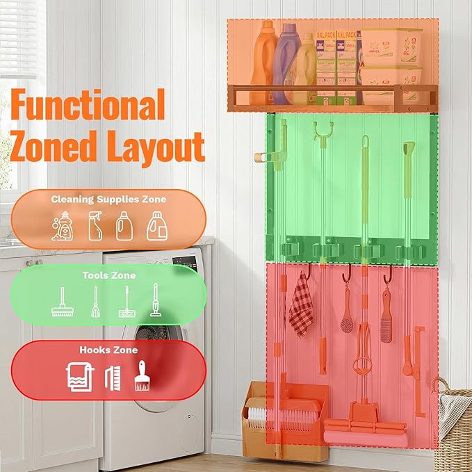 2 Packs Broom Holder Wall Mount with Shelf Load 66LBS Broom and Mop Organizer Wall Hanging Broom Hanger with 4 Mop Hanger Grippers, 3 Hooks for Laundry Room, Garage, Utility Closet, Kitchen