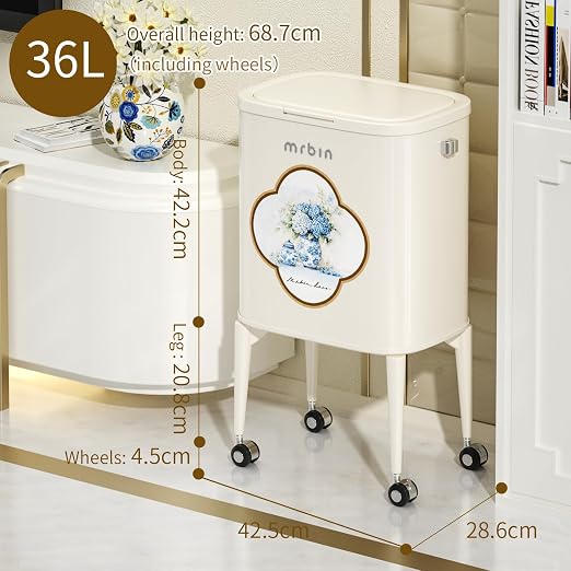 MRBIN Kitchen Trash Can with Legs, 36L / 9.5gal Tall Trash Bin with Wheels Decorative Garbage Can with Lid Pet Proof Slim Vintage Press Top, White, Blue and White Porcelain Pattern