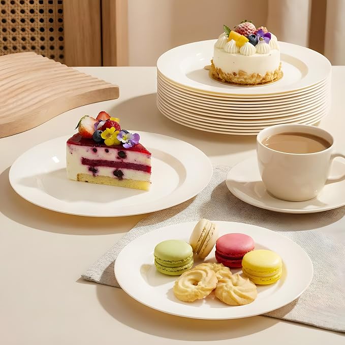 I00000 100 Pc Ivory Plastic Plates,7inch Small Cream Dessert Plates, Elegant Disposable Plate Perfect for Birthday, Wedding, Baby & Bridal Shower or Party (100 Guests)