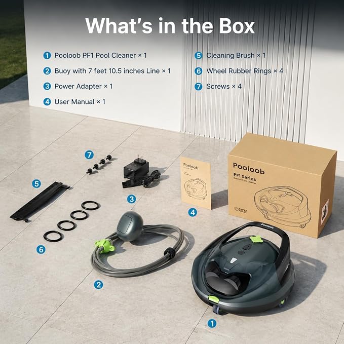 Pooloob PF1 Pro Pool Robot Vacuum with Floating Buoy & Tether, for Daily Clean Pool Maintenance Cleaner, Not for Initial or Deep Cleaning, Floor Only Cleaning for All Flat-Floor Above/In Ground Pools