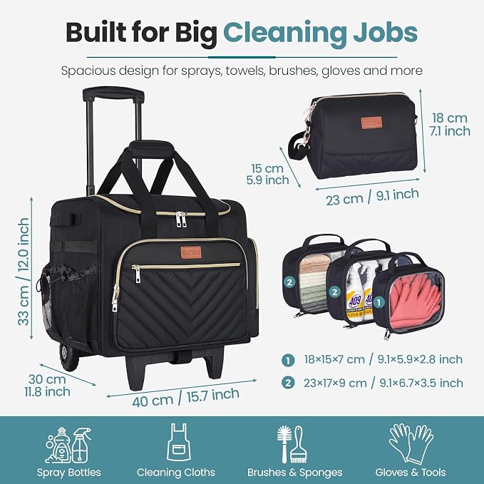 INSMEER Cleaning Caddy with Wheels, Large Cleaning Cart on Wheels with 3 Removable Clear Bags and 1 Shoulder Bag, Water Resistant Cleaner Supplies Organizer with Wheels for Kitchen, Tool Organizer