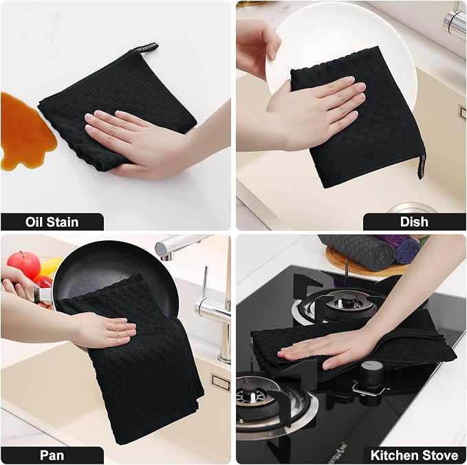 Homaxy 100% Cotton Kitchen Towels and Dishcloths Set, 12 x 12 & 15 x 25 Inches, Set of 8 Bulk Terry Cloth Dish Towels, Super Soft and Absorbent Hand Towel with Hanging Loop, Black