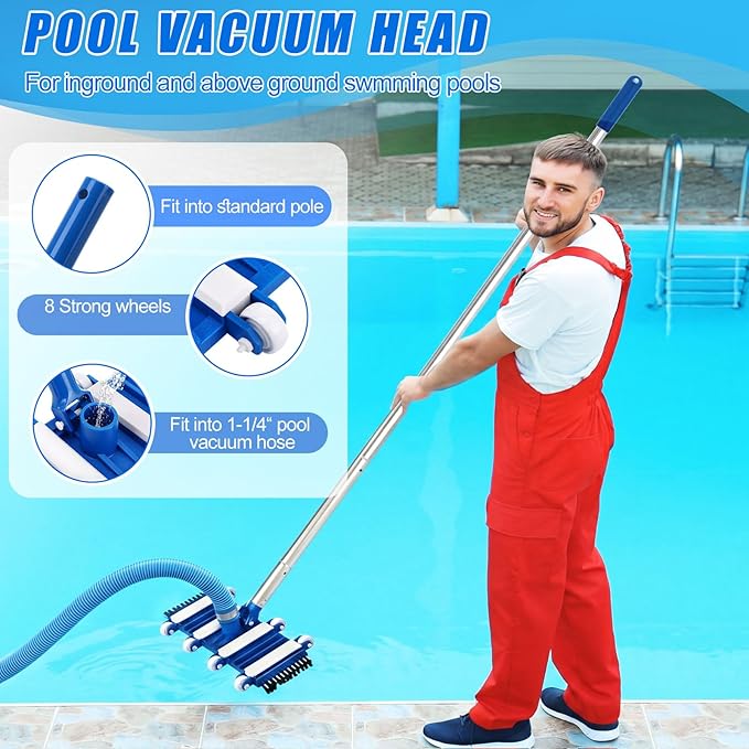 Potchen 6 Pcs Pool Cleaning Kit Include Vacuum Head, Skimmer Net, Brush Head, Telescoping Pole, Pool Chlorine Floater, and Test Strips for Above Ground Pools Hot Tubs Maintenance Tools(Classic Vac)
