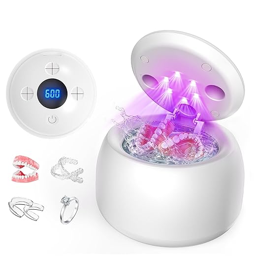 Ultrasonic Retainer Cleaner Machine, 45kHz Denture Dome with UV Light,Dental Cleaning POD for Aligners, Mouth Guards, Night Guards, Toothbrush,Jewelry,200ML Capacity (Silver)