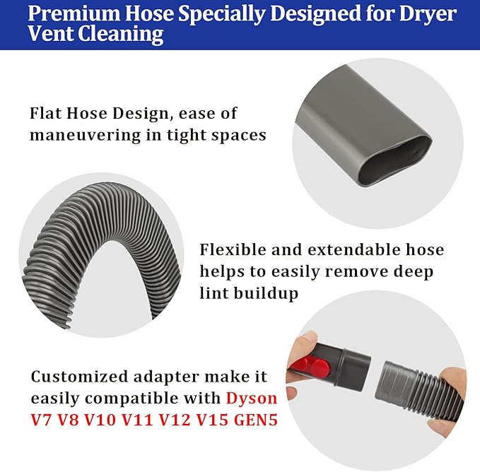 Dryer Vent Lint Removal Tool Vacuum Attachments Hose for Dyson GEN 5 V15 V12 V11 V10 V8 V7 Detect Outsize Slim Absolute Cyclone Vacuum Cleaner Dryer Cleaner Kit Nozzle Crevice Flexible Hose
