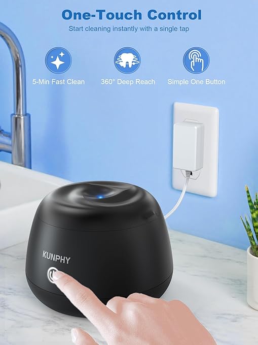 KUNPHY Ultrasonic Retainer Cleaner Machine, 48kHz Dental Cleaning Pod for Braces, Night Guard, Mouthguard, Toothbrush, Denture, Jewelry Black