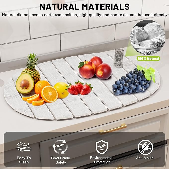 Large Stone Drying Mat for Kitchen Counter, Quick Drying Foldable Dish Drying Mat, Super Absorbent Diatomaceous Earth Drying Mat for Dishes Bottles Cups, Match Any Countertop (White, 22.8"x15.4")