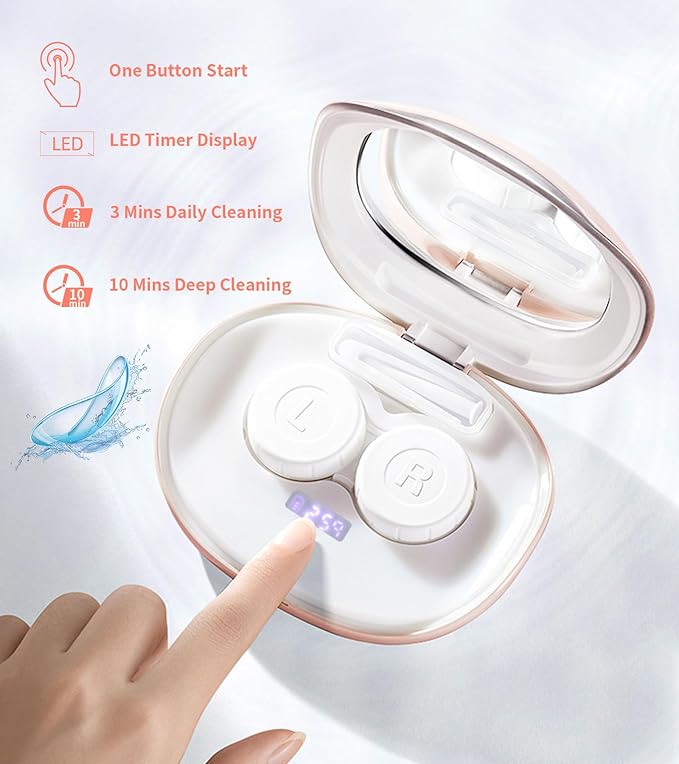 ofone Contact Lens Cleaner, Ultrasonic Contact Lens Cleaning Machine with USB Charger, Timer Display and 5 Contact Solution Cases Kit Replacement for Soft Hard Colored RGP Lenses (Pink)
