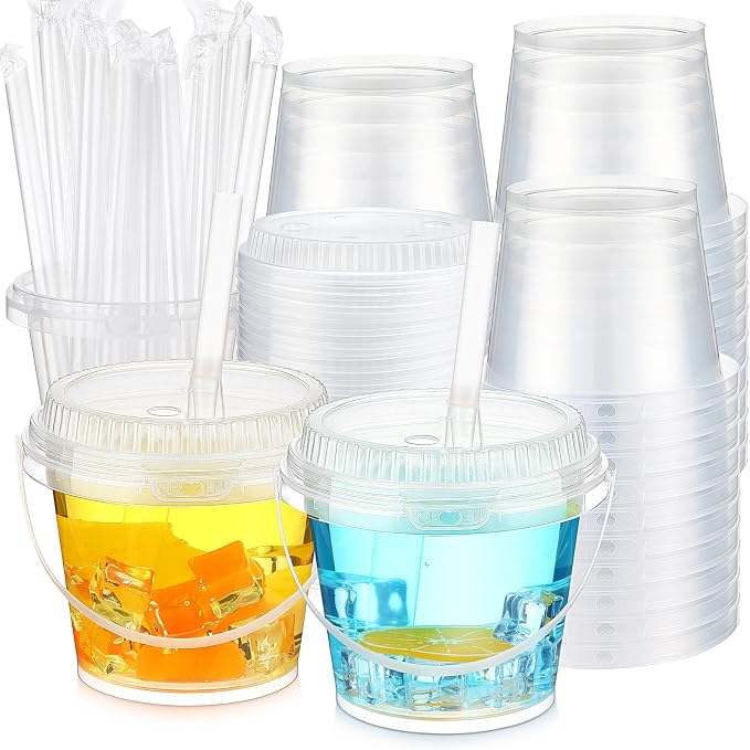 Funnymoom 100 Set 24 oz Clear Drink Buckets with Lids and Straws, Disposable Plastic Rum Cocktail Pails with Handles, Large Smoothie Cups for Adult Bachelorette Party Supplies, Beach & Catering Events