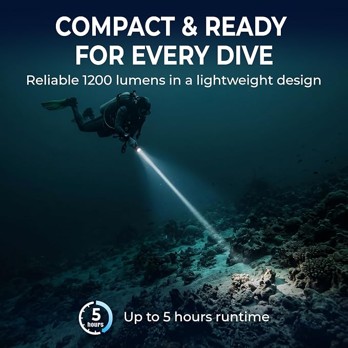 Blue Reef 1200 Lumens Compact Scuba Dive Light, 5Hr Runtime / 2Hr at Full 1200LM Power – USB-C Rechargeable, 100m Waterproof Diving Flashlight for Scuba, Snorkeling & Night Diving