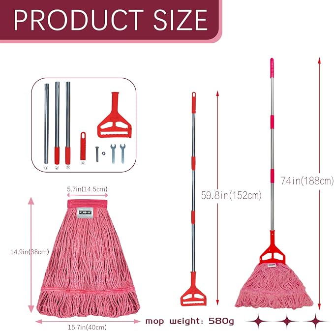 Commercial Cotton Mop Heavy-Duty Industrial with 2 Replacement Heads 152 cm Handle Replacement mop Head (Pink)