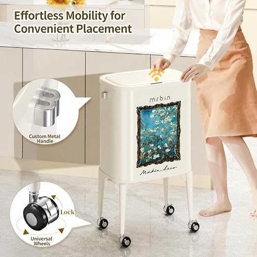 MRBIN Metal Motion Sensor Kitchen Trash Can with Wheel Legs, Medium Press Lid Slim Waste Basket 36L / 9.5gal, Narrow Garbage Pail for Vanity, Bedroom, Bathroom, Living Room, Almond Blossom