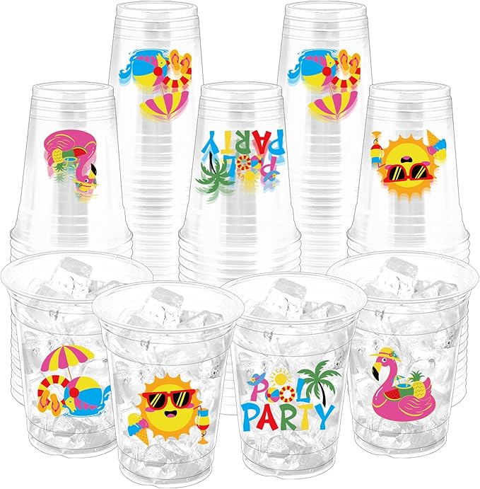 100Pcs Beach Pool Plastic Party Cups, 12oz Summer Disposable Clear Cups for Pool Party, Beach Holiday Party, Birthday Drinking Cups, Hawaiian Luau Supplies Summer Favors (2 Styles)