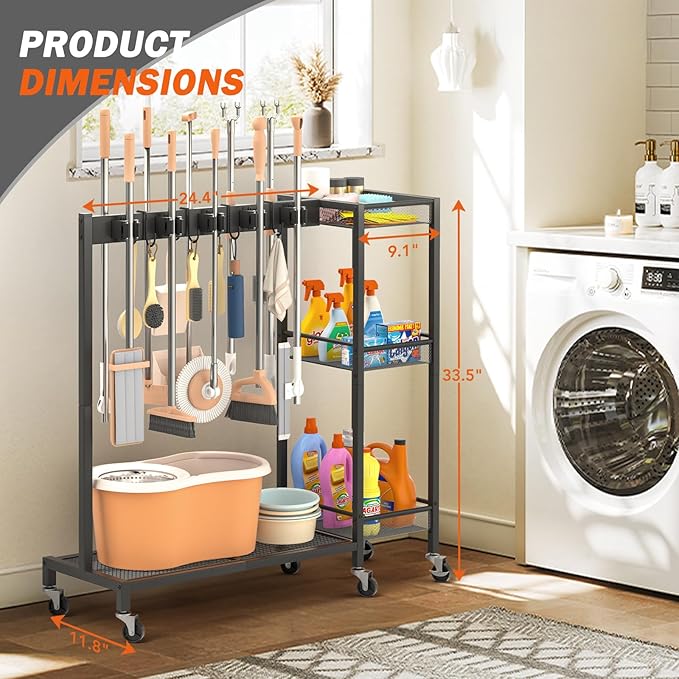 Broom and Mop Holder with Cleaning Supplies Organizer