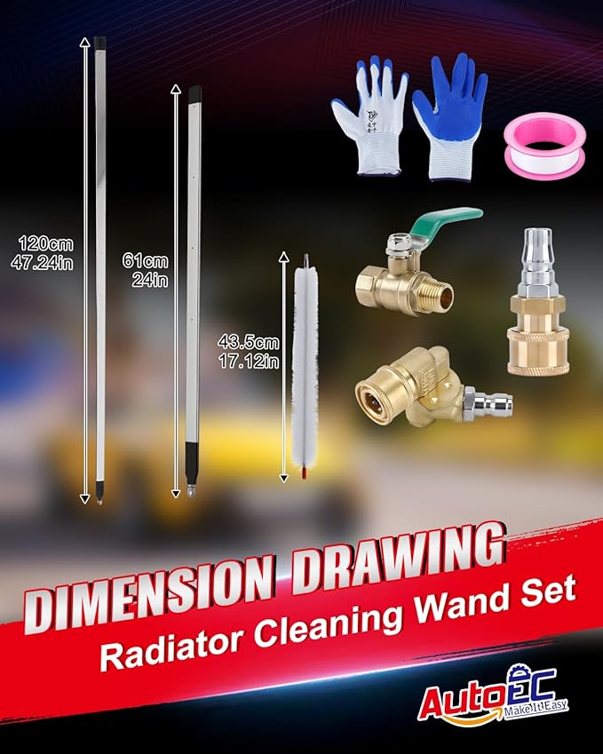 AutoEC 4500 PSI Radiator Cleaning Wand Set, 47" & 24" Water Air Wands for Cars Trucks Heavy Equipment, Stainless Steel Radiator Cleaner Kit for Farm & Fleet Maintenance