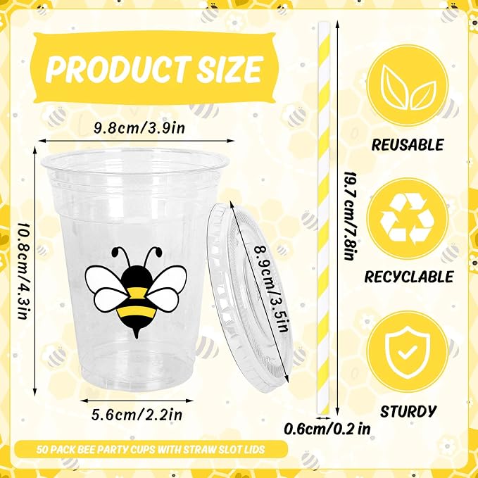Whaline 50Pcs Bee Disposable Plastic Cups With Lids and Straws 12 Oz Cute Bee Cold Beverage Drinking Cups for Baby Shower Birthday Party Supplies