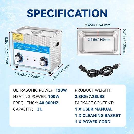 3L Ultrasonic Cleaner with Timer & Heater, Professional Ultrasonic Parts Cleaner, Knob Control Ultrasonic Cleaning Machine for Glasses Watch Jewelry Denture Dental Irrigator Parts Tools Circuit Board