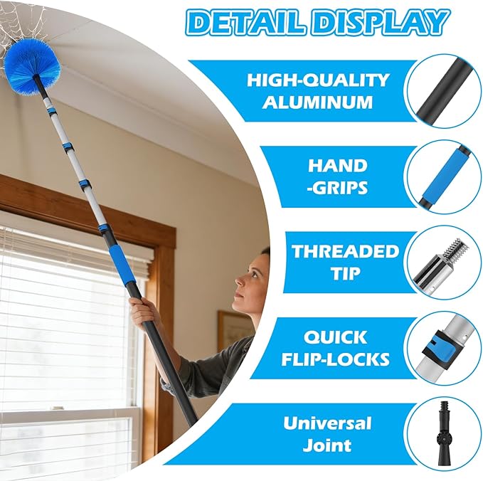 16FT Reach High Ceiling Duster Kits with 3-12FT Adjustable Pole - Includes Extra Long Duster, High Ceiling Duster, Rotatable Window Squeegee & Cobweb Duster for Ceiling Fans and Whole House Cleaning