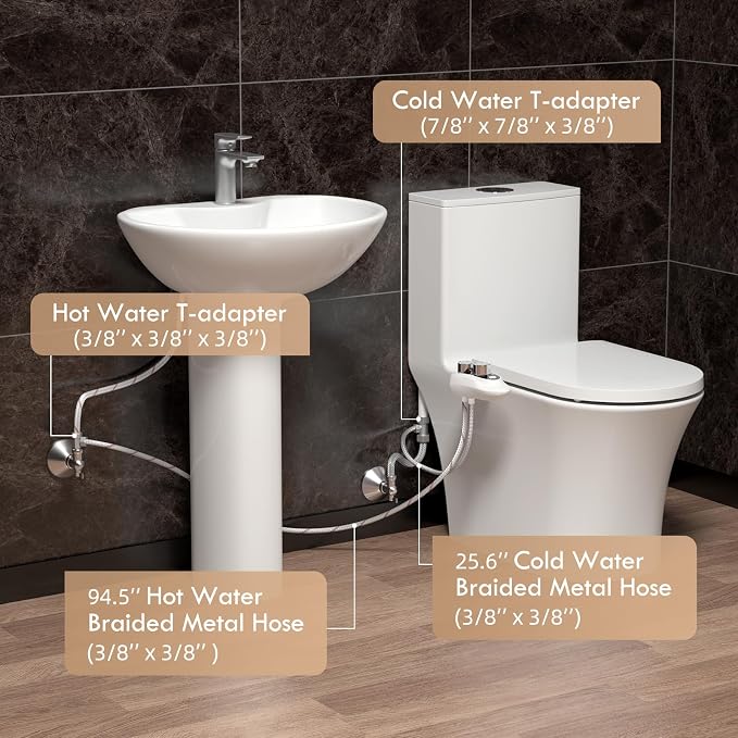 Non-Electric Bidet Attachment for Toilet Seat, Dual Temperature Rear and Feminine Wash, 7.9ft Hot Water Hose, Temperature Display