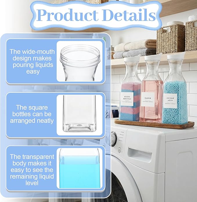 3 Pack Laundry Detergent Dispenser, 54 oz Laundry Soap Dispenser with Tray and 18 Labels, Plastic Fabric Softener Dispensers, Liquid Laundrys Detergent Container for Liquid, Bleach, Scent Booster Bead