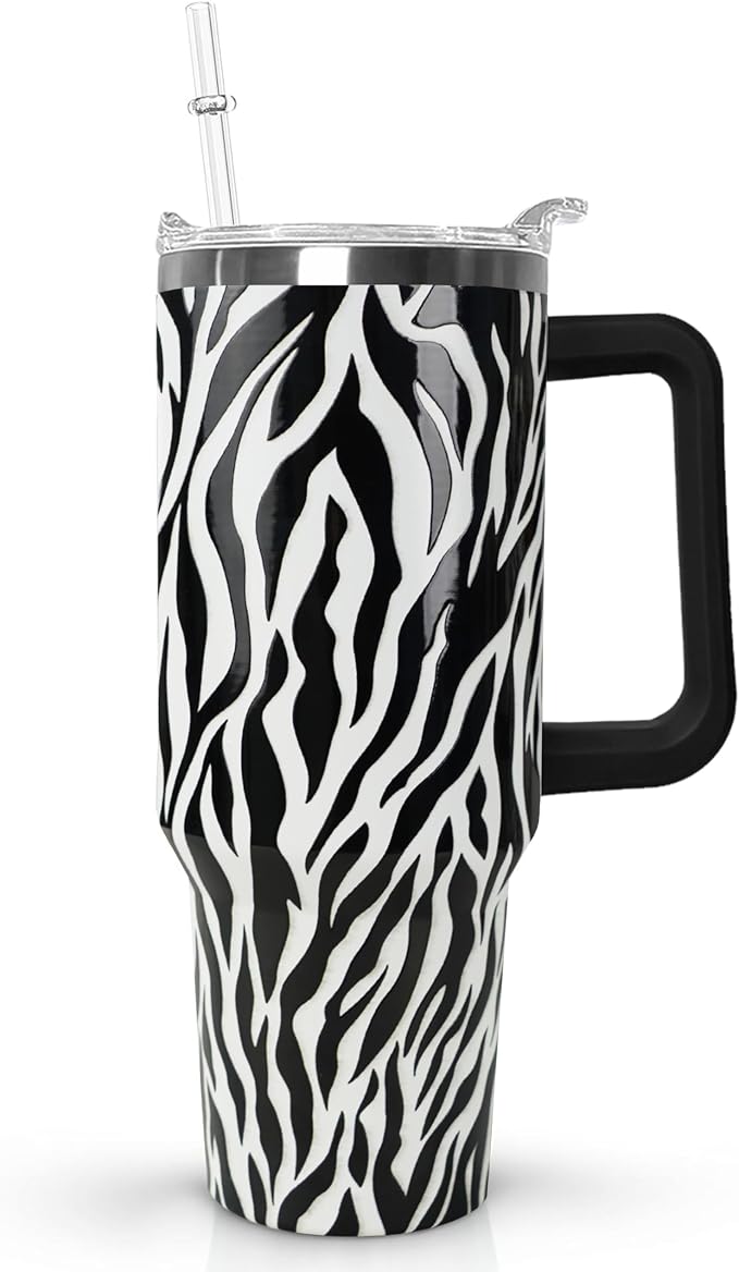 Ceovfoi 40 Oz Leopard & Zebra Print Tumbler With Handle, Lid & Straw - Insulated Travel Coffee Mug Water Bottle, Animal Print Gifts for Women Men